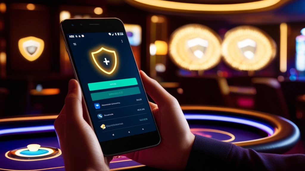 Androidtelefoon met APK-installatie en beveiligingssymbool in casinoomgeving.