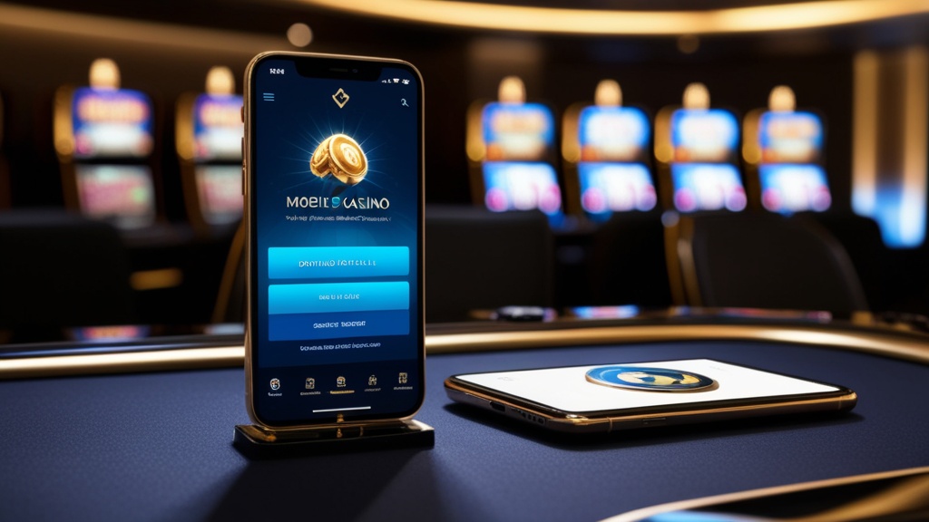 Smartphone met veilige appdownload in een donker casino-interieur.