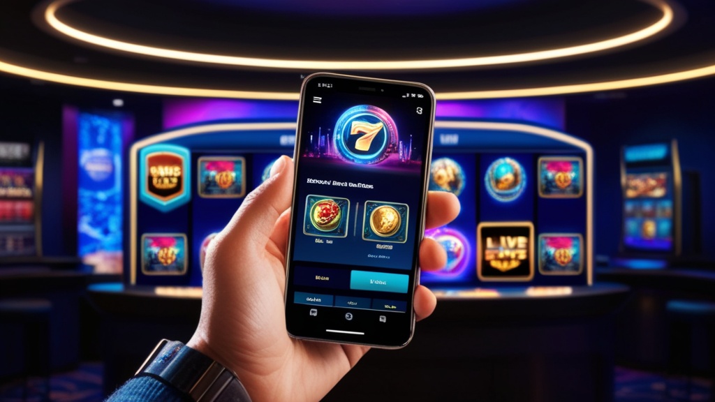 Speler gebruikt een smartphone met mobiele casino lobby in een donkere setting.