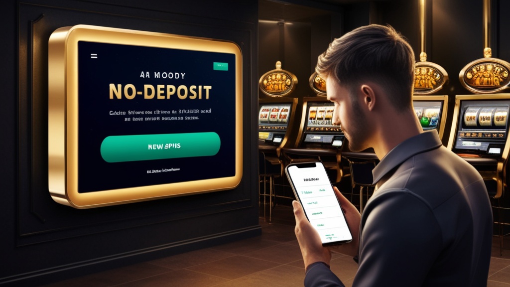 Nieuwe speler bekijkt no deposit bonus in een donker casino-interieur